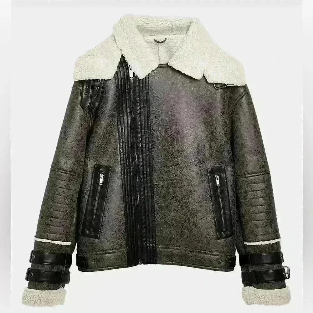 Crackled Faux Shearling Aviator Jacket size XL